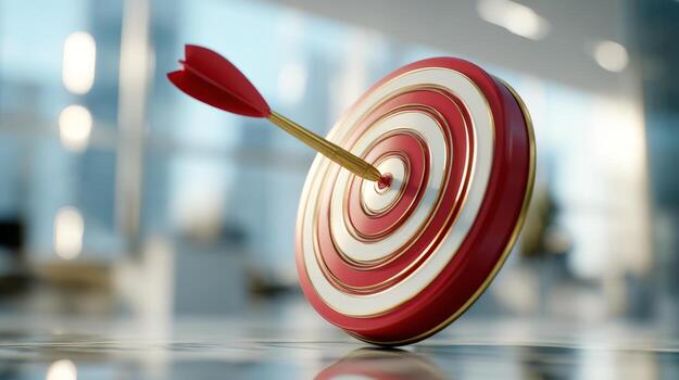 A vibrant red and gold dartboard with a dart hitting the bullseye, symbolizing success and achievement. photo