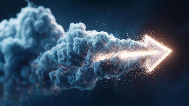 A dynamic arrow made of shimmering particles emerges from a textured cloud, symbolizing direction and energy. photo