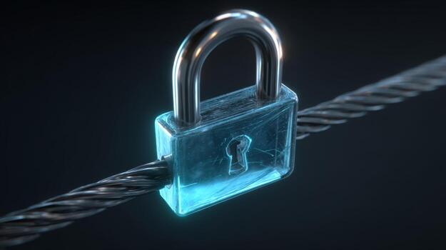 A transparent padlock secured on a metallic wire, symbolizing security and protection. photo