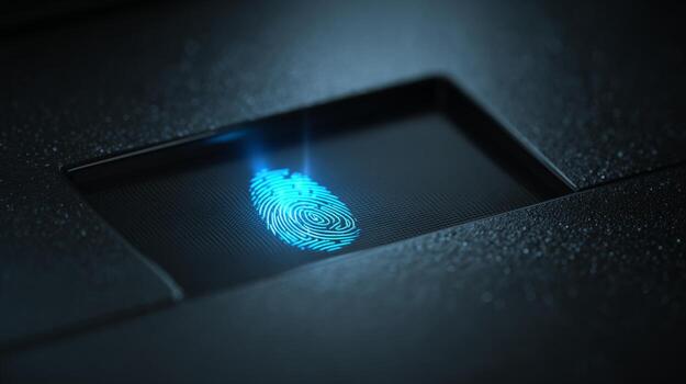 Close-up of a blue holographic fingerprint scanner, showcasing advanced technology for security. photo