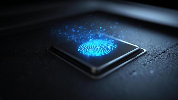 Futuristic fingerprint sensor emits vibrant blue light, symbolizing security and advanced technology. photo