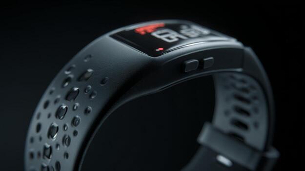 Sleek black fitness tracker with a modern design, featuring a vibrant display and textured strap, positioned against a dark background. photo