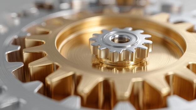 Close-up of a shiny gold and silver gear system, showcasing the intricate details and craftsmanship of mechanical components. photo