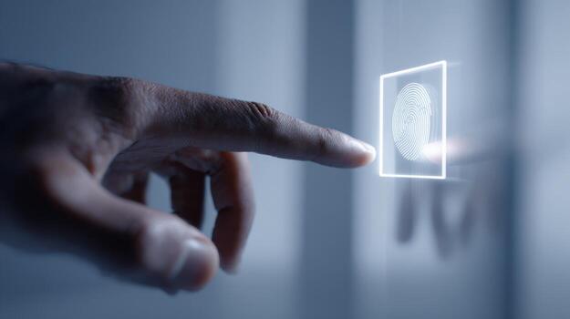 A close-up of a human hand reaching toward a glowing fingerprint scanner, symbolizing security and technology. photo