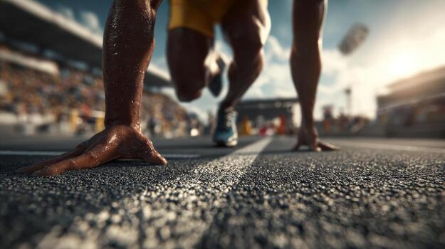 un atlético masculino corredor prepara a guión desde el comenzando bloques, exhibiendo determinación y físico fortaleza. foto
