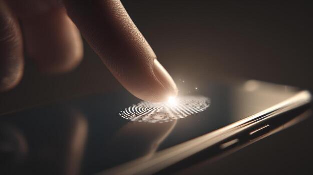 A close-up of a finger gently touching a smartphone screen, activating the fingerprint recognition feature. photo