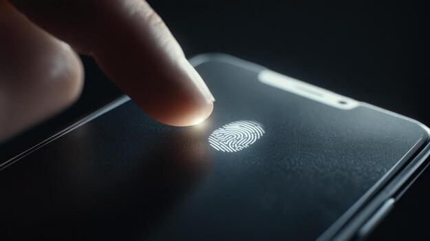 A close-up of a finger scanning a smartphone fingerprint sensor, symbolizing security and technology. photo