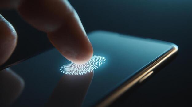 Close-up of a hand using a fingerprint scanner on a modern smartphone in a dark setting, highlighting technology and security. photo