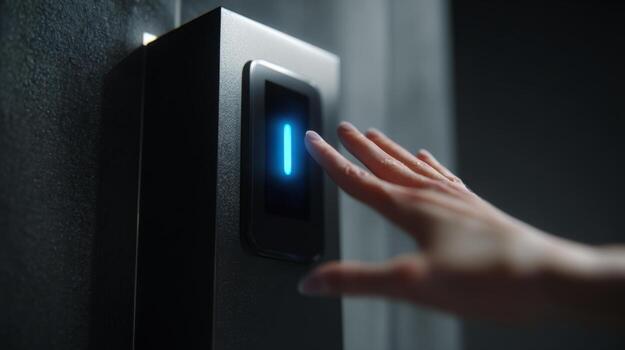 Close-up of a hand activating a sleek, modern digital panel with a glowing blue light. photo