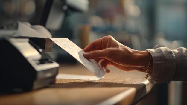 A close-up of a hand, likely female and of Caucasian descent, pulling a receipt from a printer in a warm, inviting store. photo