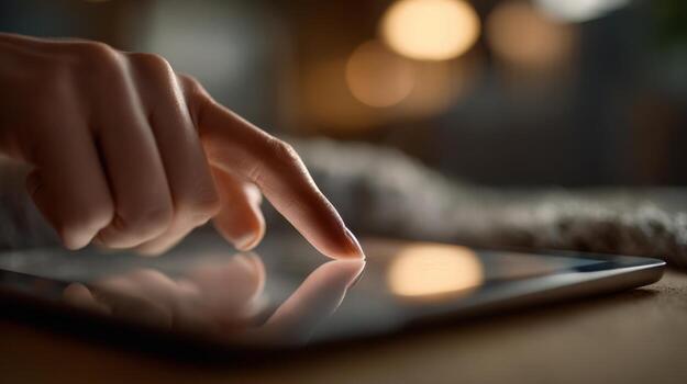 A close-up of a human hand, possibly female, interacting with a touchscreen tablet in a cozy, softly lit environment. photo