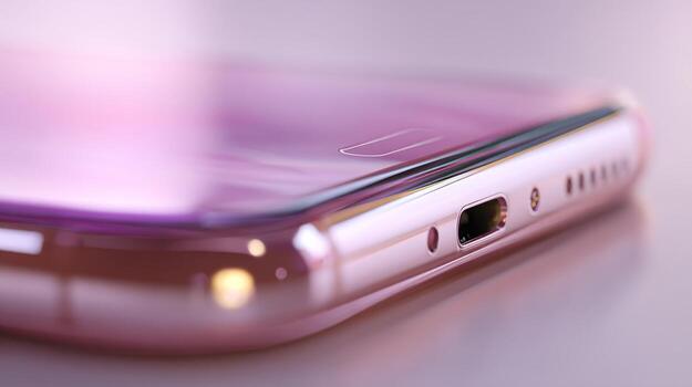 Close-up view of a sleek smartphone with a shiny purple finish, showcasing its charging port and elegant design. photo