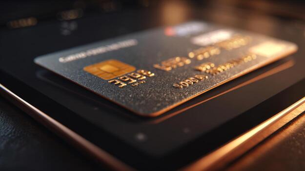 A close-up view of a sleek black credit card resting on a modern smartphone, highlighting its metallic finish and chip technology. photo