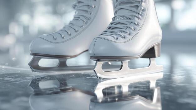 Close-up of elegant white ice skates on a reflective ice surface, showcasing their intricate details and craftsmanship. photo