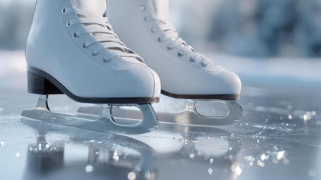Close-up of elegant white ice skates on a shimmering ice rink, capturing the essence of winter sports. photo