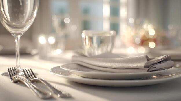 Elegant dining setup featuring fine tableware, a clear glass of water, and soft natural lighting to create a warm ambiance. photo