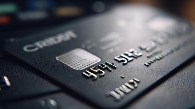 Close-up of a sleek black credit card resting on a payment terminal, highlighting modern financial transactions. photo