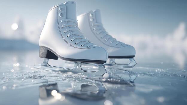 A pair of elegant white ice skates resting on a frozen surface, surrounded by a serene icy landscape, exuding a sense of winter magic. photo