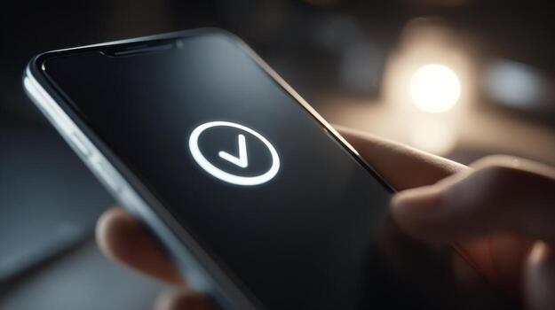 Close-up of a hand holding a smartphone displaying a glowing checkmark icon, symbolizing verification and approval. photo