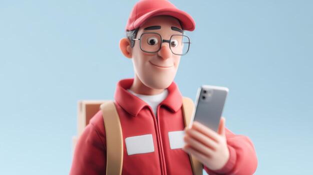 A cheerful animated delivery person in red attire checks their smartphone, radiating positivity and readiness for a task. photo
