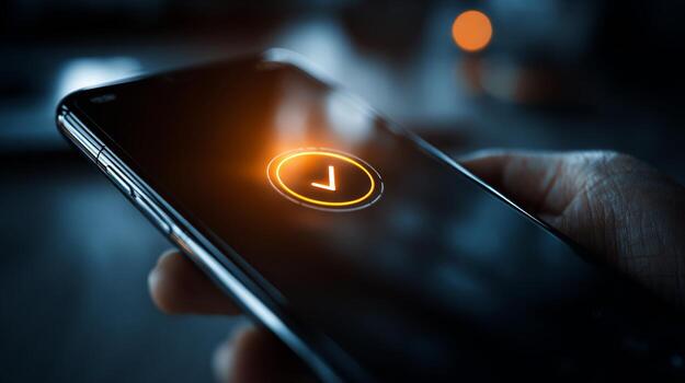 Close-up of a hand holding a smartphone displaying a glowing download icon, symbolizing digital connectivity and modern technology. photo