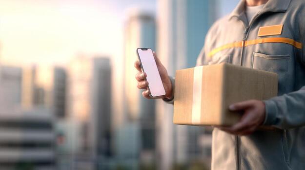 A delivery worker, dressed in a gray uniform, holds a smartphone and a cardboard package in a urban city setting. photo