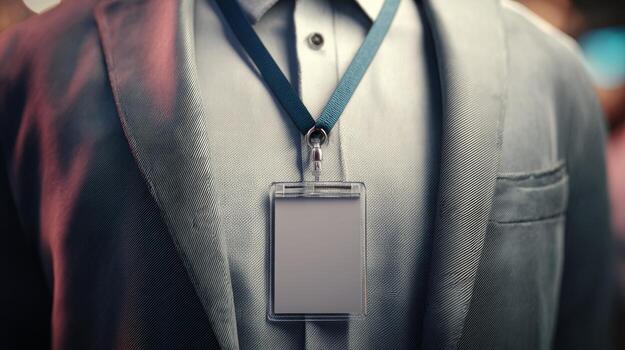 A close-up of a blank ID badge hanging from a suit with a teal lanyard, suggesting professionalism and identity. photo