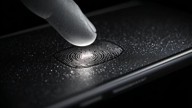 A close-up of a finger poised over a smartphone's fingerprint sensor, showcasing modern technology and security features. photo