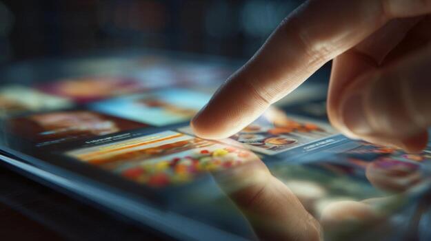 A close-up of a finger interacting with a vibrant tablet screen displaying various colorful images. photo