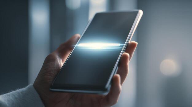 A close-up of a hand holding a sleek smartphone with a glowing screen, set against a soft-focus background. photo