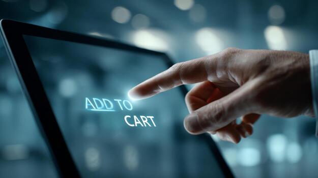 A close-up of a hand pressing 'Add to Cart' on a touchscreen tablet, symbolizing online shopping. photo
