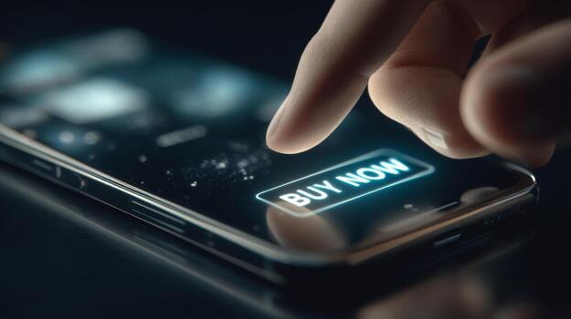 A close-up of a hand pressing the 'Buy Now' button on a smartphone, showcasing modern online shopping. photo