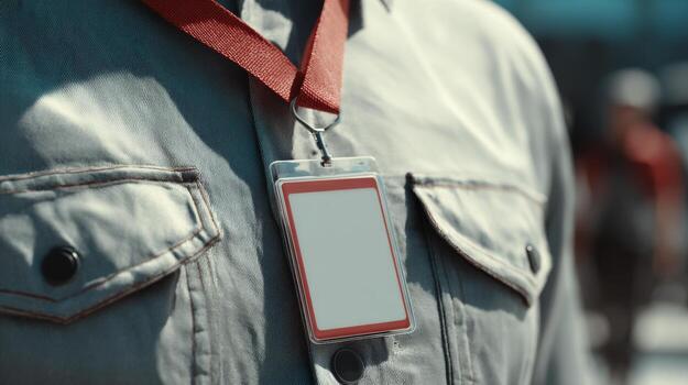 Close-up of a man wearing a gray shirt with an empty identification badge on a lanyard. photo
