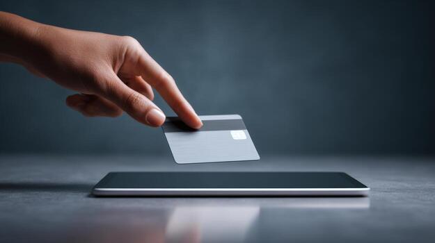 A close-up of a hand placing a payment card above a tablet, symbolizing digital transactions and modern finance. photo