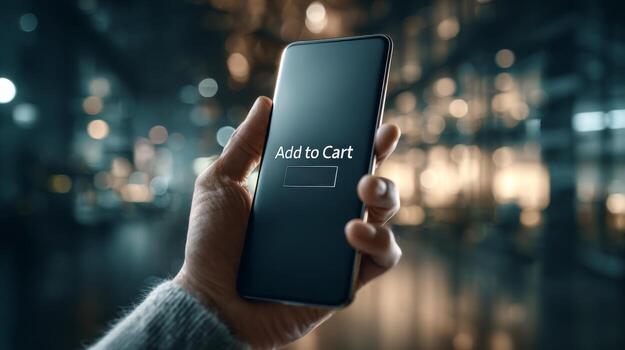 A close-up of a hand holding a smartphone displaying an 'Add to Cart' button, set against a softly blurred urban backdrop. photo