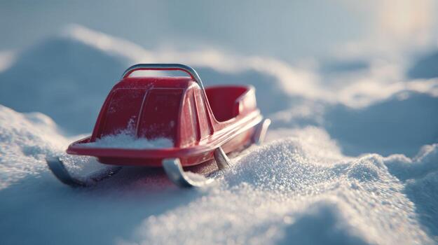 A vibrant red sled rests on a blanket of glistening snow, capturing the essence of winter fun. photo