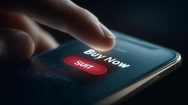 A close-up of a finger hovering over a glowing 'Buy Now' button on a smartphone screen, creating a sense of anticipation and urgency. photo