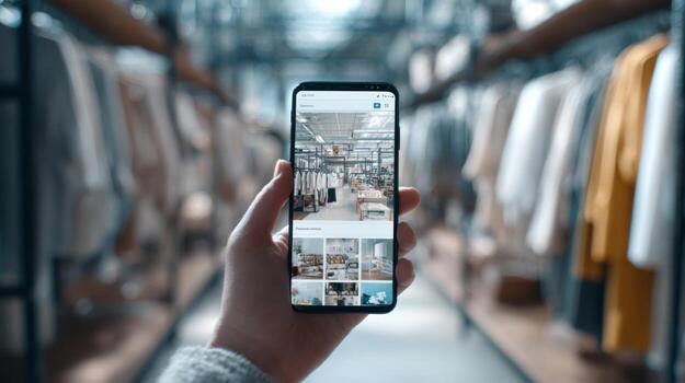 Close-up of a hand holding a smartphone, displaying a fashion store's interior in a modern retail setting. photo