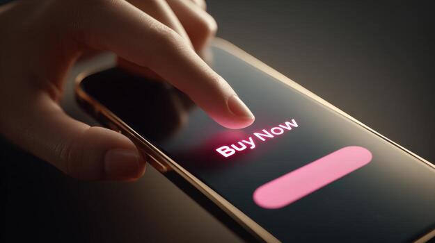 A close-up of a hand pressing a 'Buy Now' button on a smartphone screen, representing online shopping and modern consumerism. photo