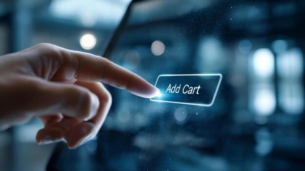 A close-up of a hand pressing an 'Add Cart' button on a digital screen, emphasizing online shopping and technology. photo