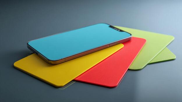 A sleek smartphone rests atop vibrant colored cards, creating a modern and playful composition. photo