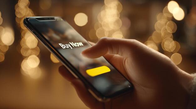 A close-up of a hand pressing a 'Buy Now' button on a smartphone, set against a festive background with bokeh lights. photo