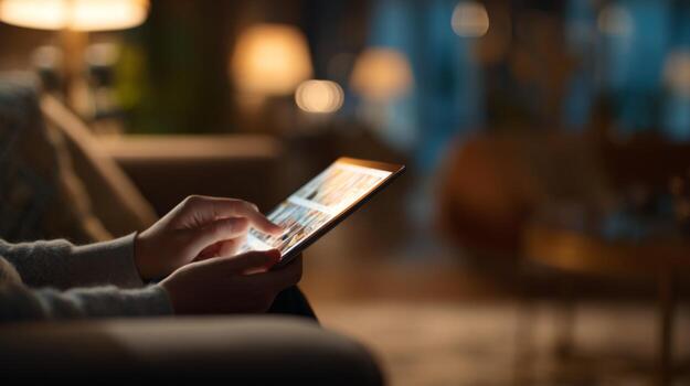 A close-up of a person's hand using a tablet device in a cozy, dimly lit living room, creating a warm and inviting atmosphere. photo