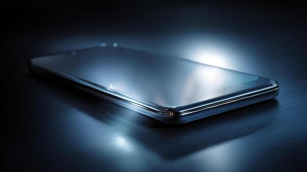 A sleek smartphone with a reflective surface, illuminated in soft blue light, set against a dark background for a modern tech vibe. photo