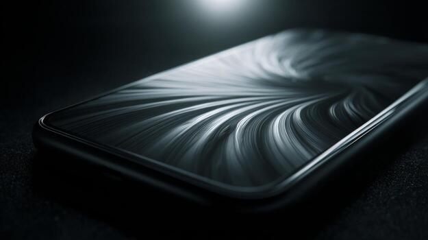 A sleek smartphone with an intricate abstract design on its screen, illuminated by soft light in a dark setting. photo
