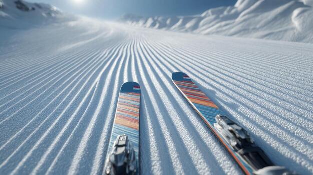 Close-up of colorful skis resting on fresh, groomed snow under a clear blue sky, inviting adventure on the slopes. photo
