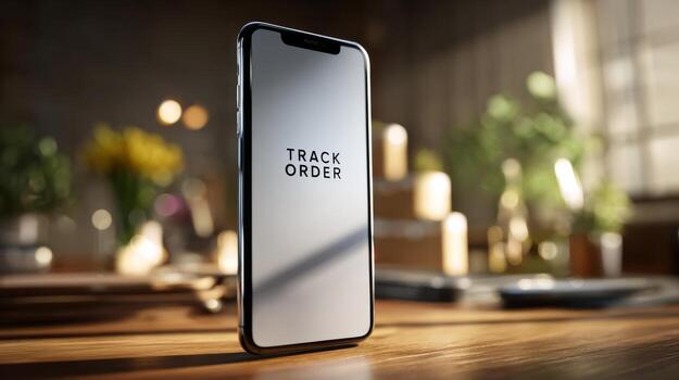 A smartphone displaying a 'TRACK ORDER' screen, set in a cozy workspace with natural light and a blurred background. photo