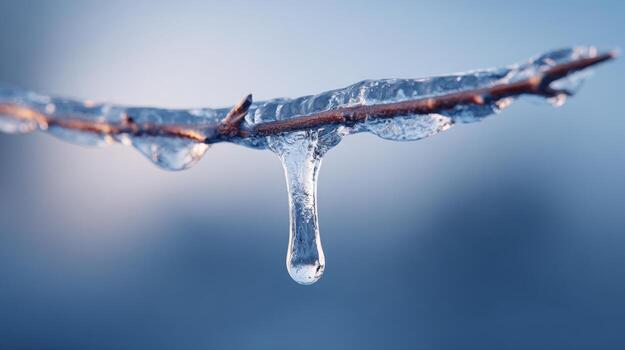 un de cerca de un cubierto de hielo ramita con un gotita formando, destacando de invierno belleza y fragilidad. foto