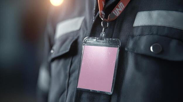 A close-up of a worker's identification badge on a dark uniform, evoking a sense of professionalism and anonymity. photo