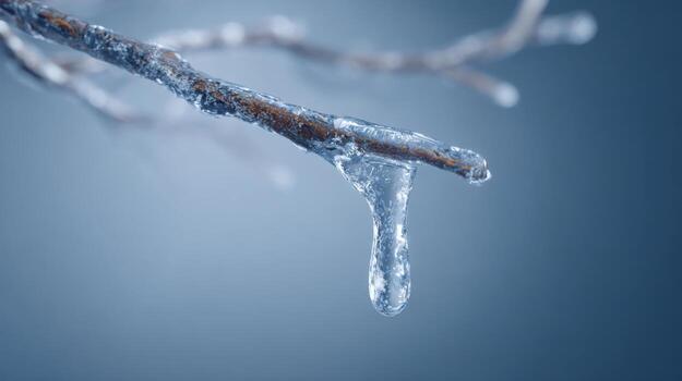 A close-up of an ice-covered branch, showcasing a droplet of ice forming, adding a touch of winter beauty. photo